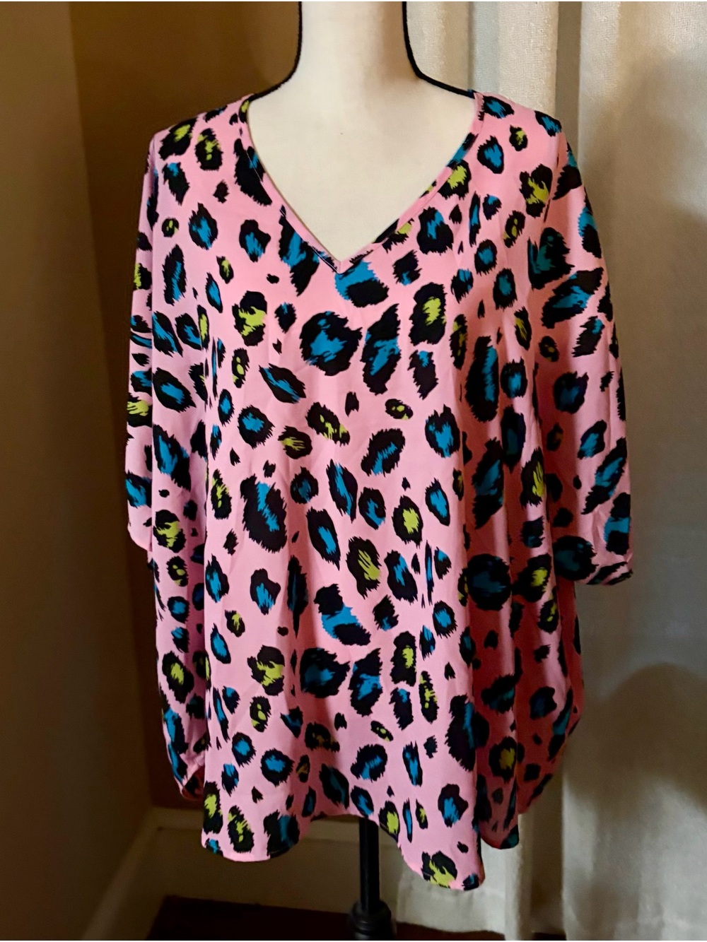 Adrienne Pink V-Neck Leopard Print Tunic with Blue and Lime Spots